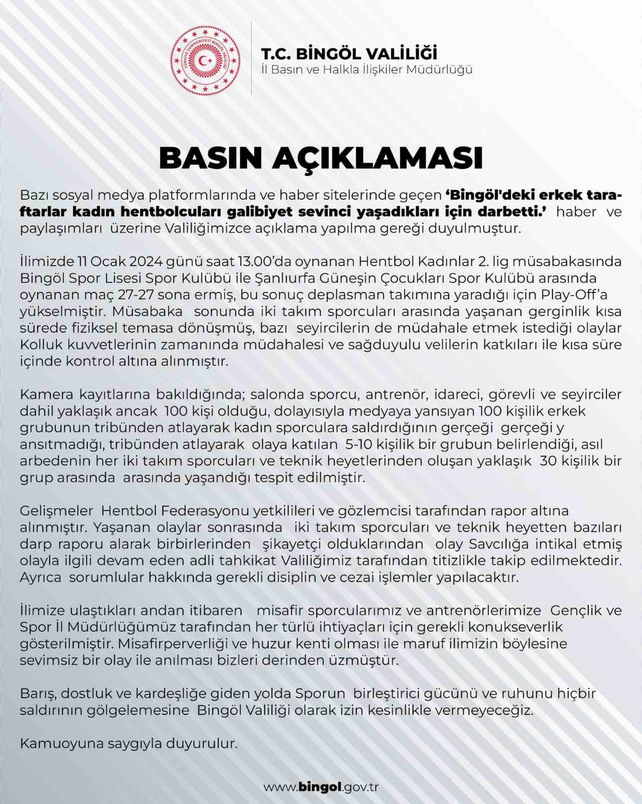 Bingöl Valiliğinden Açıklama