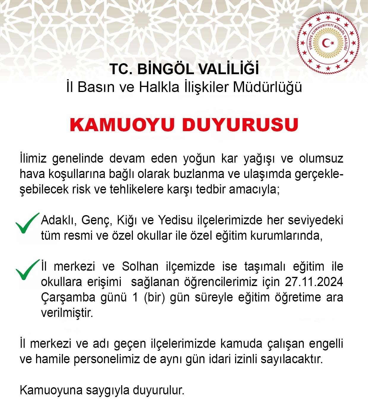 Bingölün 4 İlçesinde Okullar Yarın Tatil Edildi