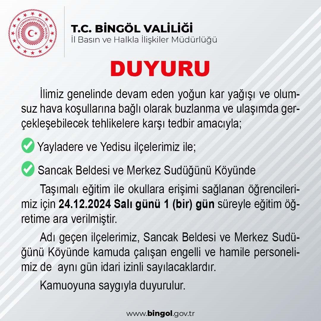 Bingölün İki İlçesinde Taşımalı Eğitime 1 Gün Ara