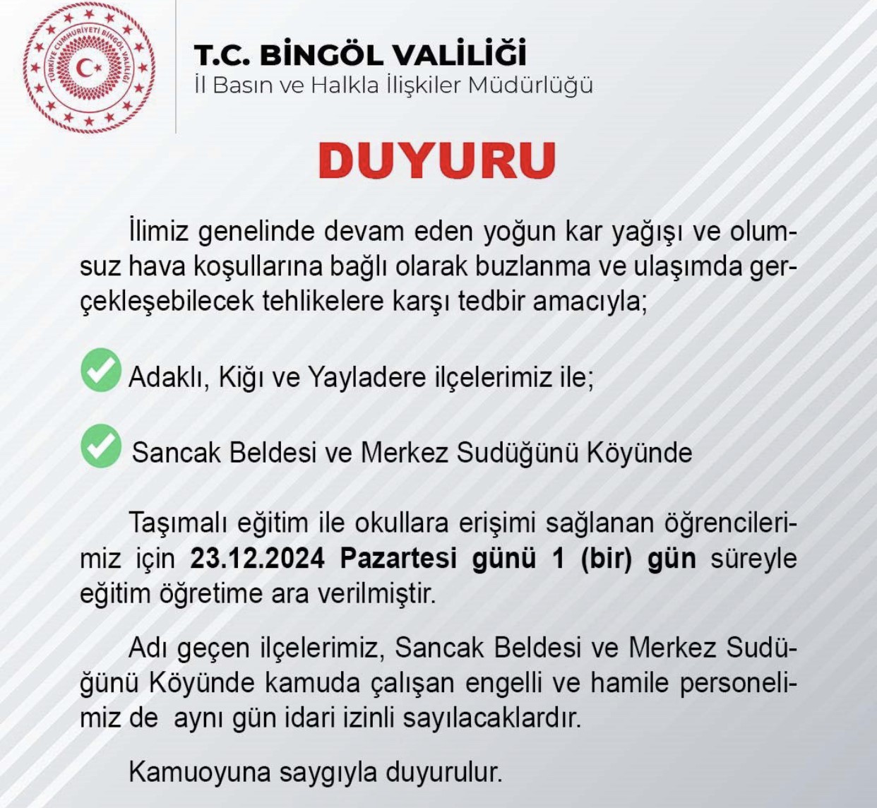 Bingölün Üç İlçesinde Taşımalı Eğitime 1 Gün Ara Verildi