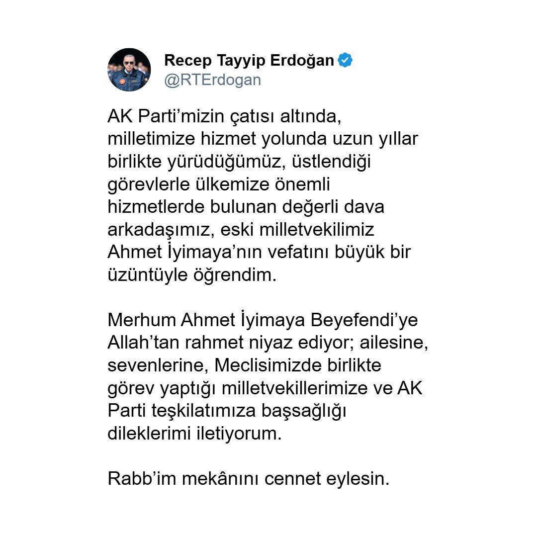 Cumhurbaşkanı Erdoğandan Ahmet İyimayanın Vefatı Üzerine Taziye Mesajı