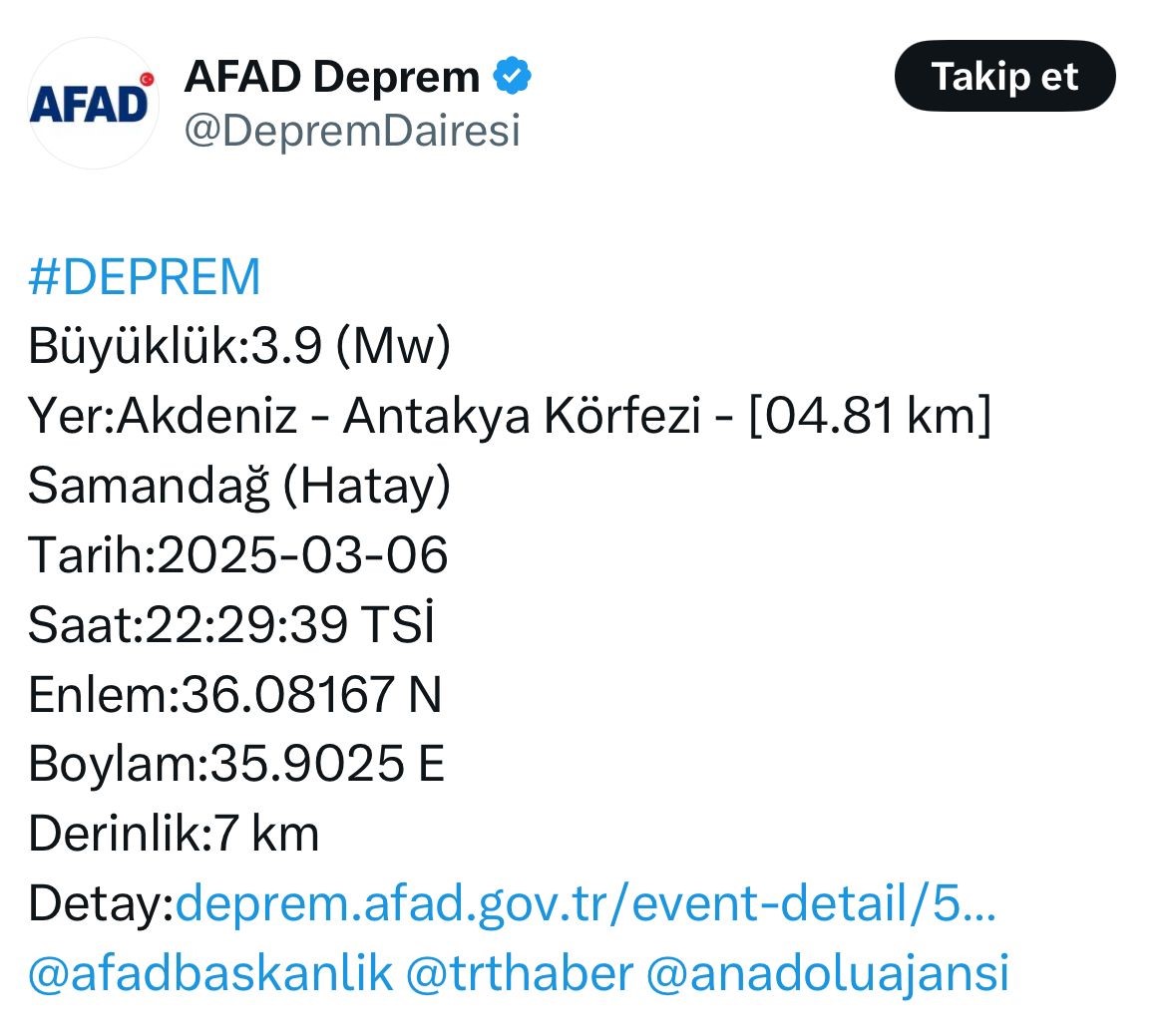 Hatayda 3.9 Büyüklüğünde Deprem