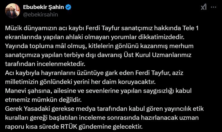 Rtük Başkanı Şahinden Sunucu Musa Özuğurlunun Ferdi Tayfur Yorumuna Tepki