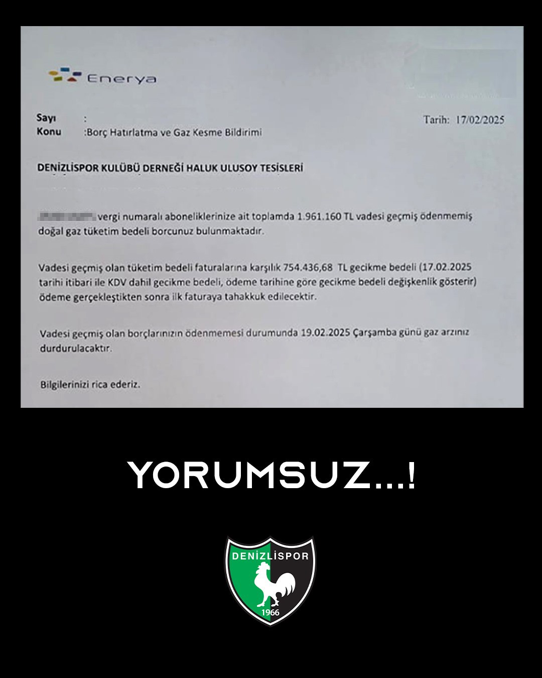 Zor Günler Geçiren Denizlispordan Eneryaya Tepki